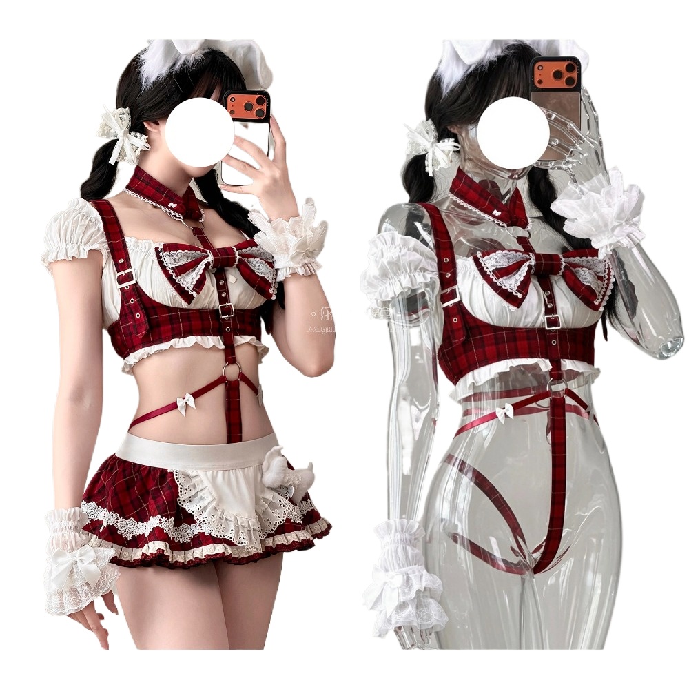 Anime Cosplay Bunny - Kostum Cosplay Pelayan Kotak-kotak Merah Kawaii,