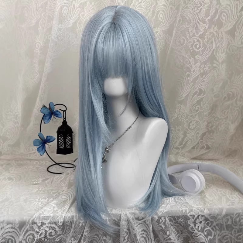 Wig Lurus Panjang Biru Muda Pa - Anime Cosplay Thick ulasan dan harga