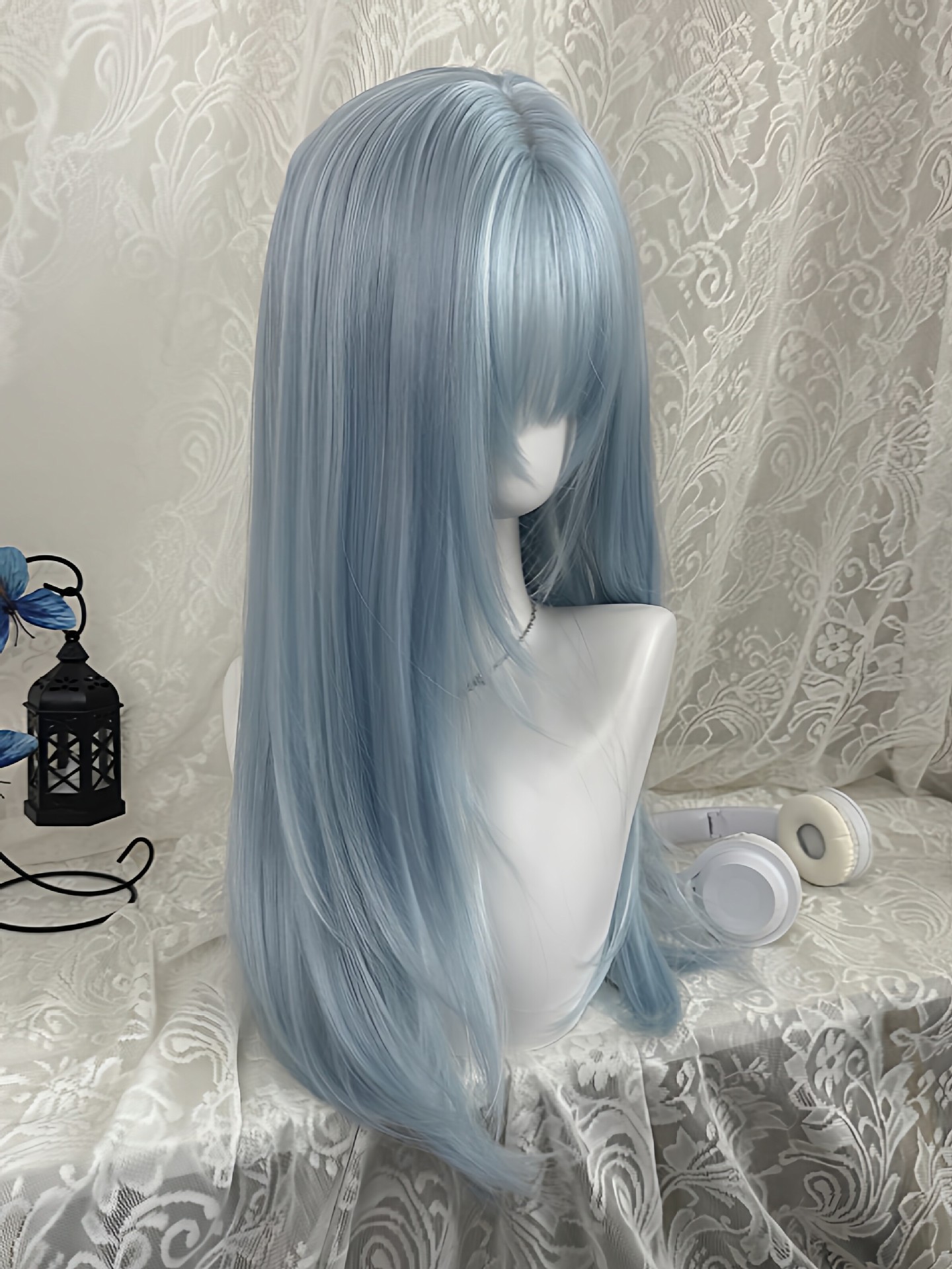Wig Lurus Panjang Biru Muda Pa - Anime Cosplay Thick ulasan dan harga